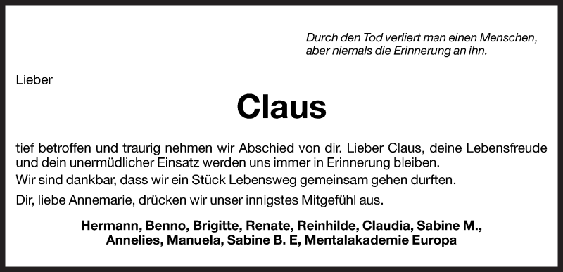  Traueranzeige für Claus  vom 26.06.2012 aus Dolomiten