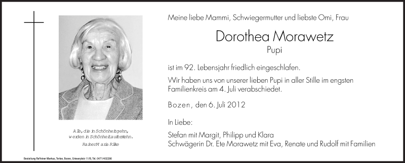  Traueranzeige für Dorothea Morawetz vom 06.07.2012 aus Dolomiten