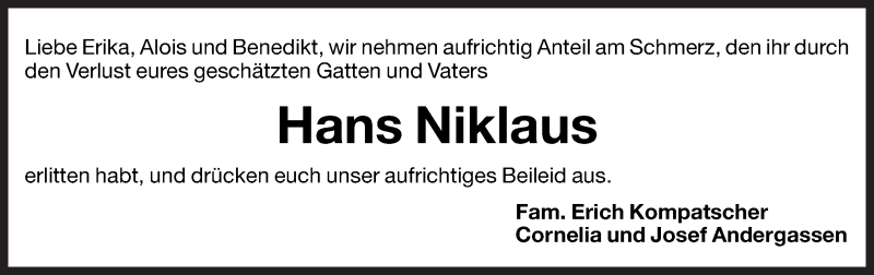 Traueranzeige für Hans Niklaus vom 20.04.2012 aus Dolomiten
