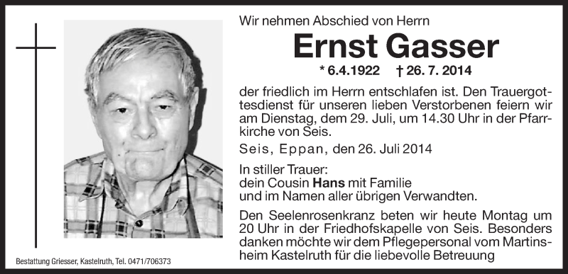  Traueranzeige für Ernst Gasser vom 28.07.2014 aus Dolomiten