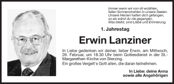 Traueranzeige von Erwin Lanziner von Dolomiten