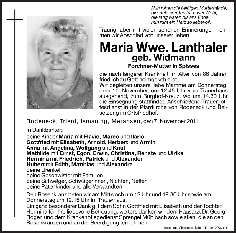  Traueranzeige für Maria Lanthaler vom 09.11.2011 aus Dolomiten