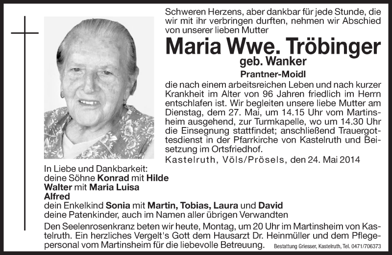  Traueranzeige für Maria Tröbinger vom 26.05.2014 aus Dolomiten