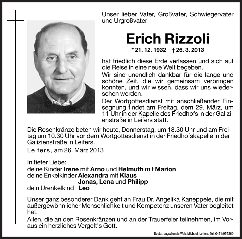  Traueranzeige für Erich Rizzoli vom 28.03.2013 aus Dolomiten