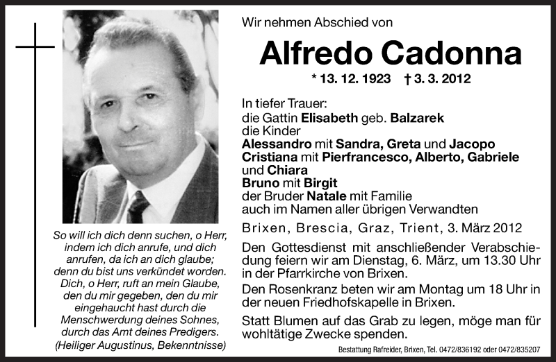  Traueranzeige für Alfredo Cadonna vom 05.03.2012 aus Dolomiten