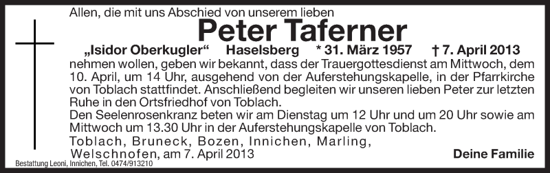  Traueranzeige für Peter Taferner vom 09.04.2013 aus Dolomiten