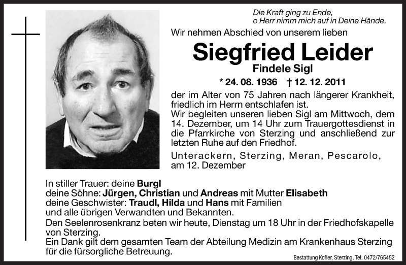  Traueranzeige für Siegfried Leider vom 13.12.2011 aus Dolomiten