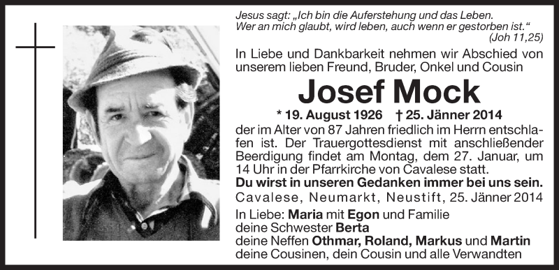  Traueranzeige für Josef Mock vom 27.01.2014 aus Dolomiten