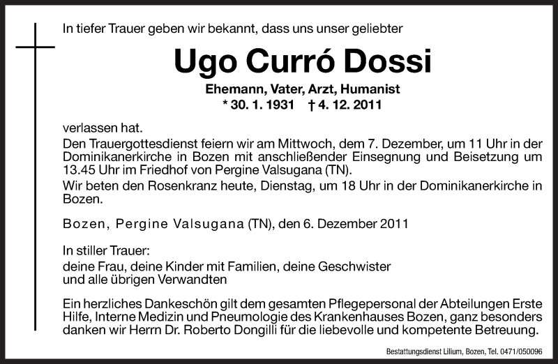  Traueranzeige für Ugo Curró Dossi vom 06.12.2011 aus Dolomiten