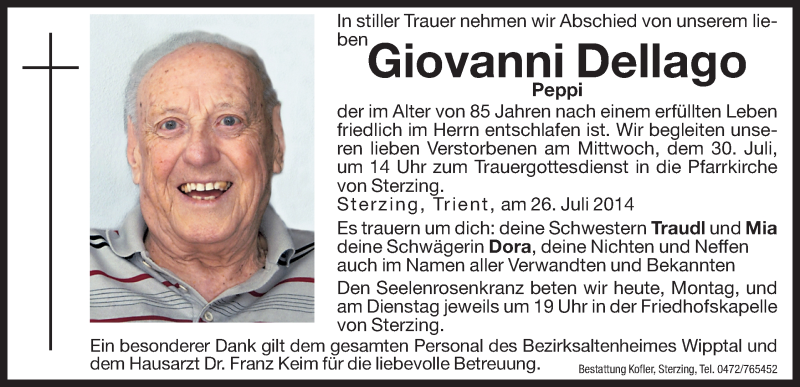  Traueranzeige für Giovanni Dellago vom 28.07.2014 aus Dolomiten