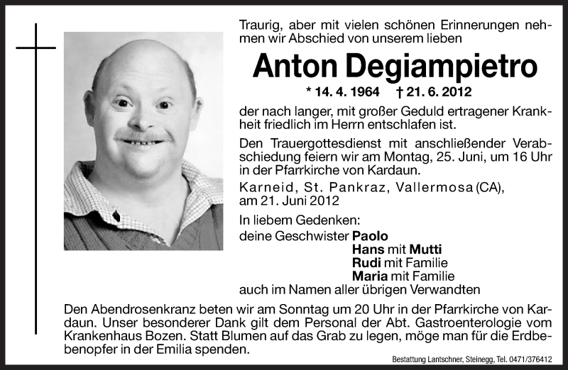  Traueranzeige für Anton Degiampietro vom 23.06.2012 aus Dolomiten