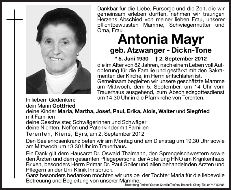  Traueranzeige für Antonia Mayr vom 03.09.2012 aus Dolomiten