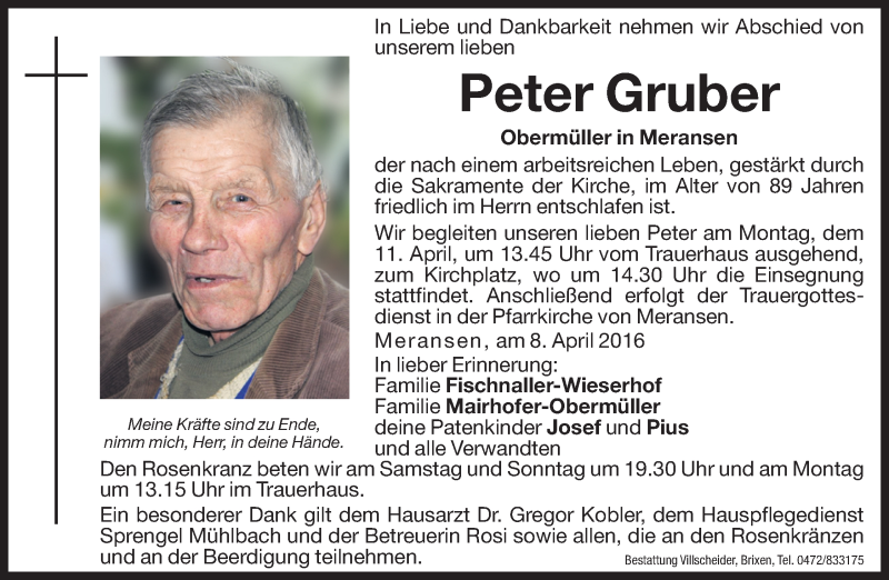  Traueranzeige für Peter Gruber vom 09.04.2016 aus Dolomiten