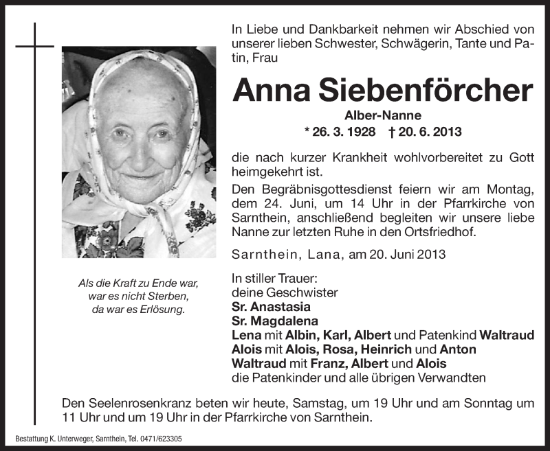  Traueranzeige für Anna Siebenförcher vom 22.06.2013 aus Dolomiten