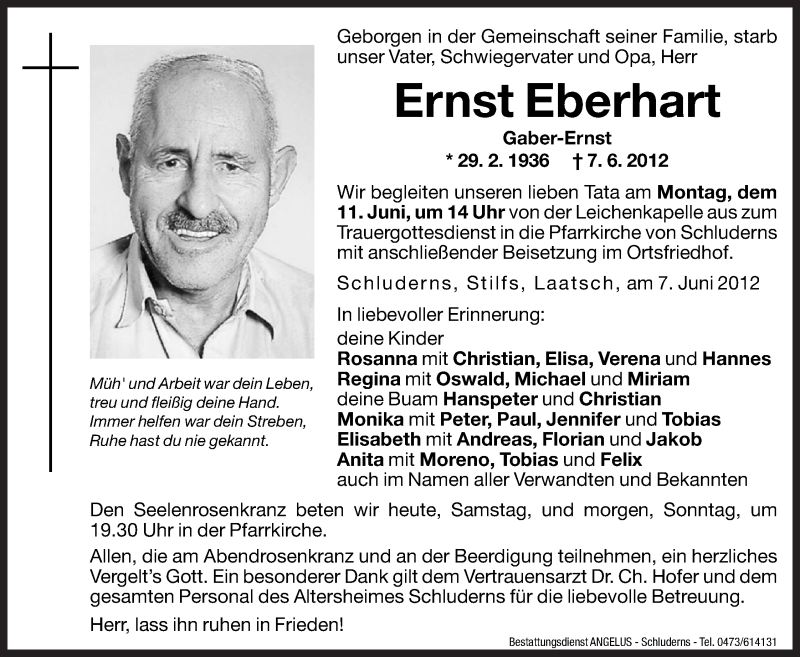  Traueranzeige für Ernst Eberhart vom 09.06.2012 aus Dolomiten