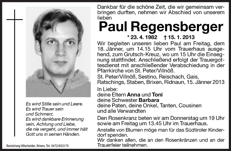  Traueranzeige für Paul Regensberger vom 17.01.2013 aus Dolomiten