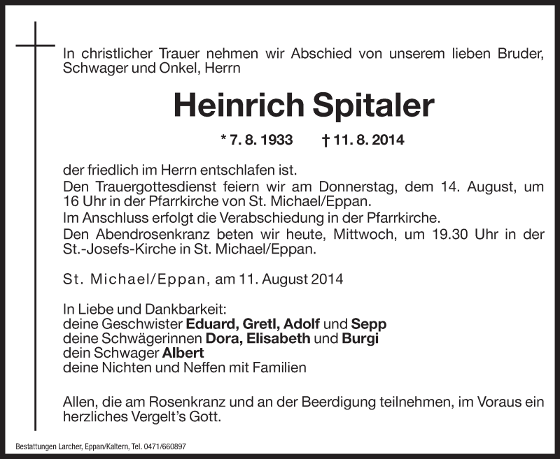  Traueranzeige für Heinrich Spitaler vom 13.08.2014 aus Dolomiten