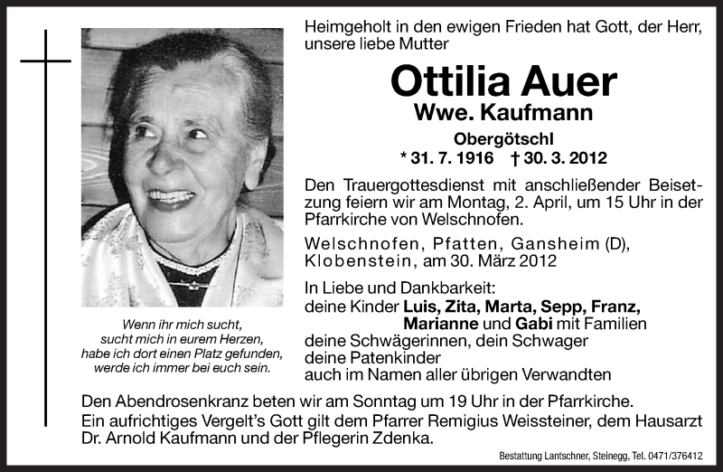  Traueranzeige für Ottilia Kaufmann vom 31.03.2012 aus Dolomiten