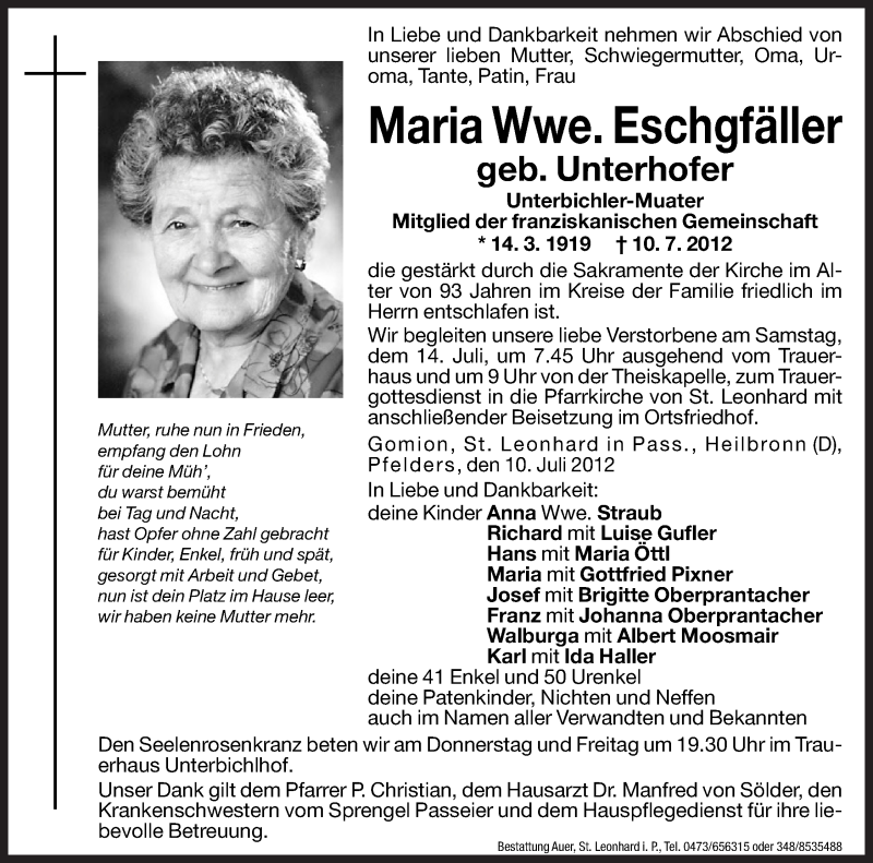  Traueranzeige für Maria Eschgfäller vom 12.07.2012 aus Dolomiten