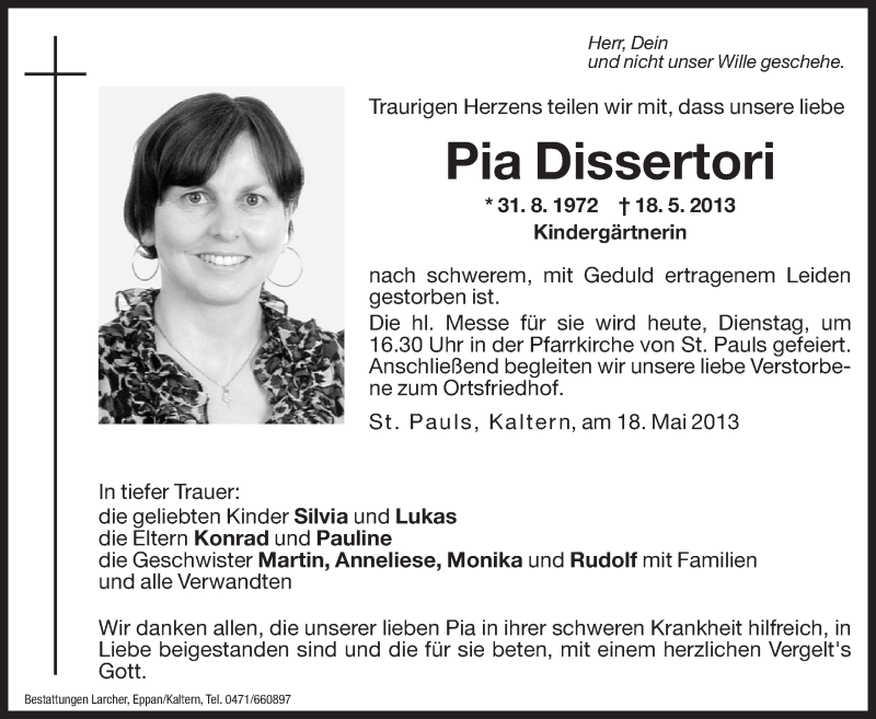  Traueranzeige für Pia Dissertori vom 21.05.2013 aus Dolomiten