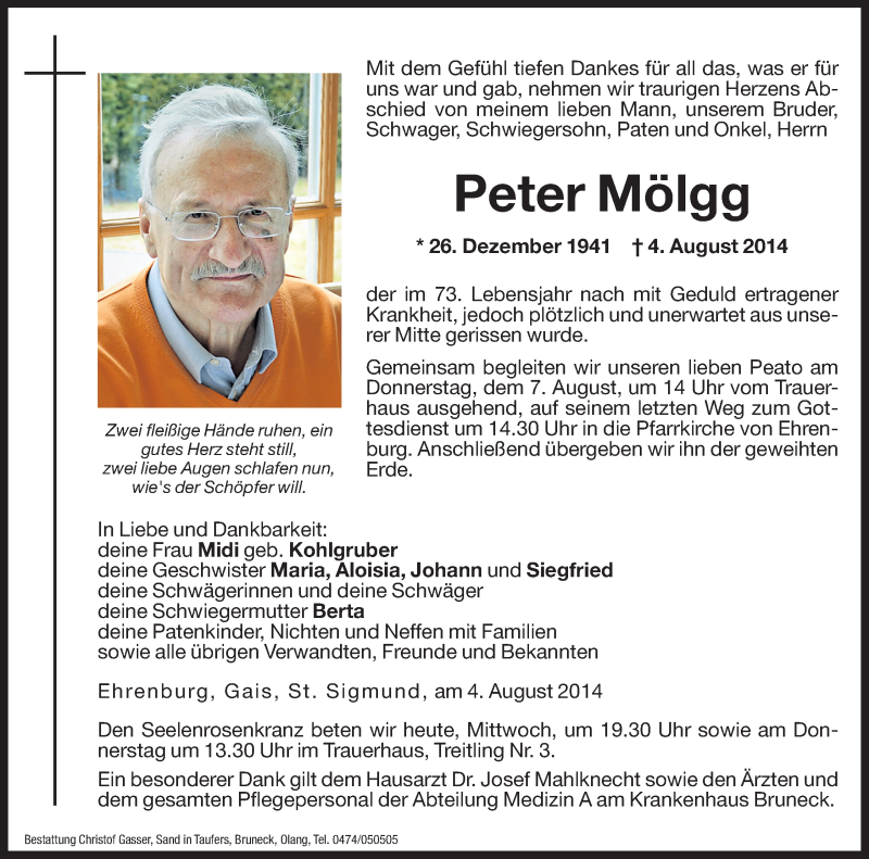  Traueranzeige für Peter Mölgg vom 06.08.2014 aus Dolomiten