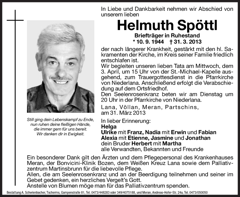  Traueranzeige für Helmuth Spöttl vom 02.04.2013 aus Dolomiten