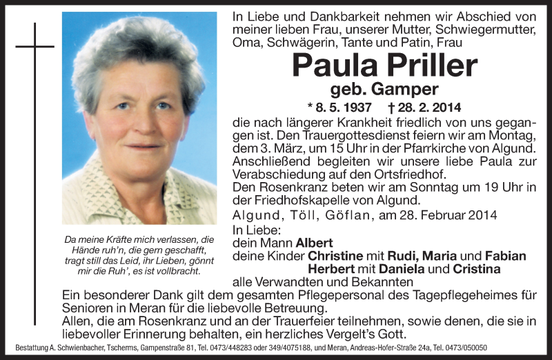  Traueranzeige für Paula Priller vom 01.03.2014 aus Dolomiten