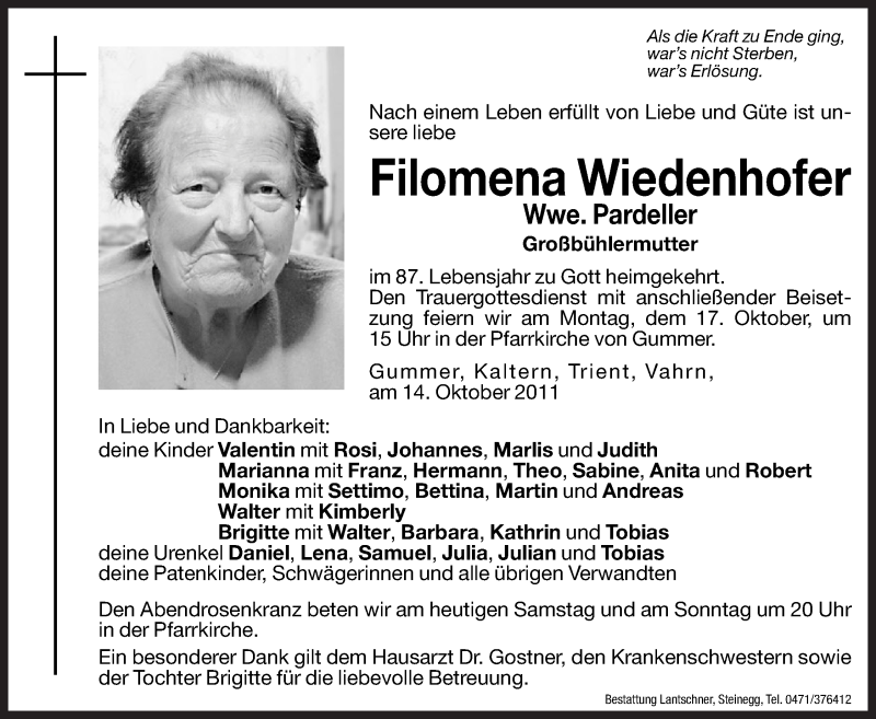  Traueranzeige für Filomena Wiedenhofer vom 15.10.2011 aus Dolomiten