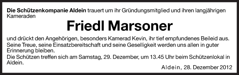  Traueranzeige für Friedl Marsoner vom 28.12.2012 aus Dolomiten
