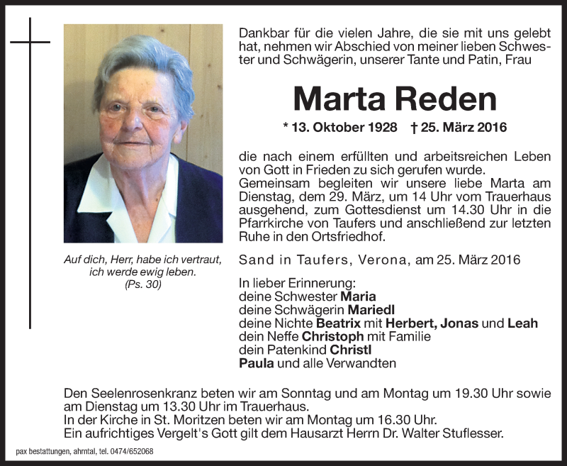  Traueranzeige für Marta Reden vom 26.03.2016 aus Dolomiten