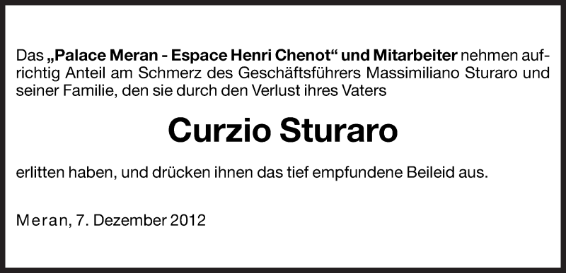  Traueranzeige für Curzio Sturaro vom 07.12.2012 aus Dolomiten