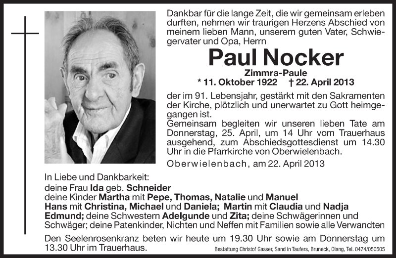  Traueranzeige für Paul Nocker vom 24.04.2013 aus Dolomiten