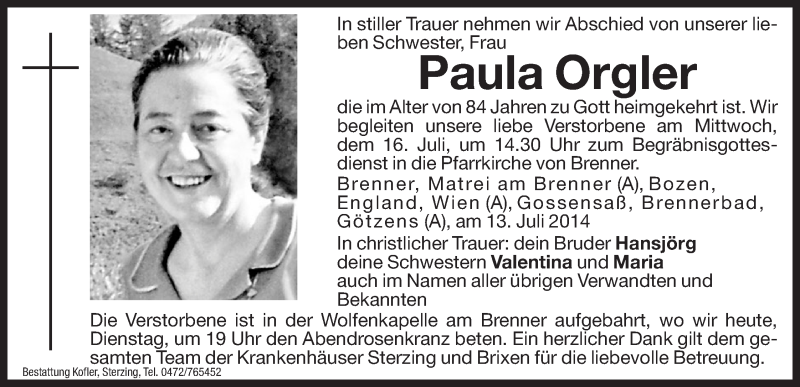  Traueranzeige für Paula Orgler vom 15.07.2014 aus Dolomiten