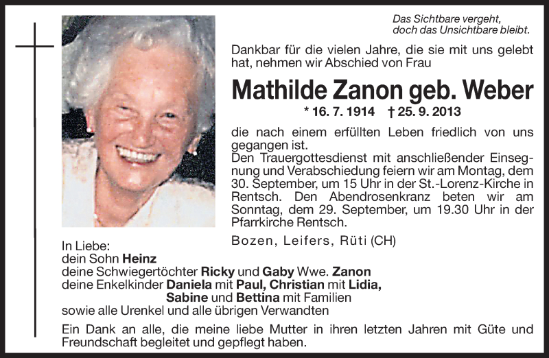  Traueranzeige für Mathilde Zanon vom 27.09.2013 aus Dolomiten