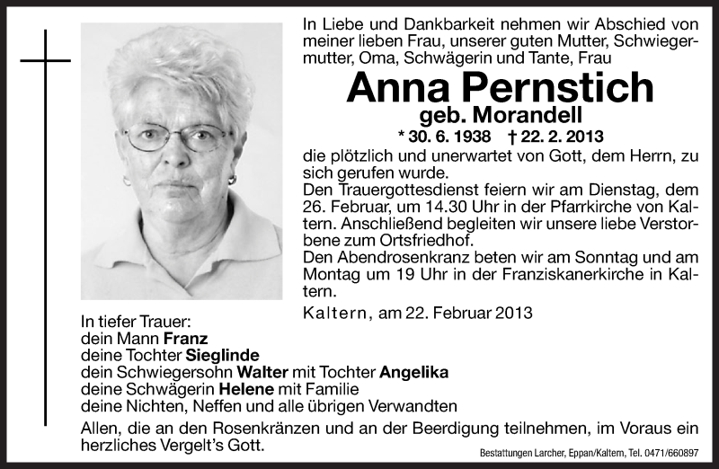  Traueranzeige für Anna Pernstich vom 23.02.2013 aus Dolomiten