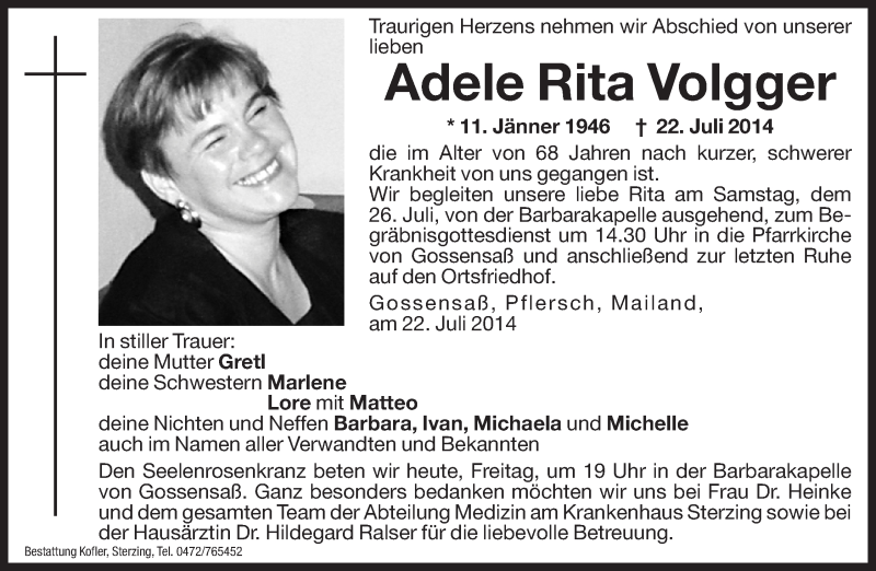  Traueranzeige für Adele Rita Volgger vom 25.07.2014 aus Dolomiten