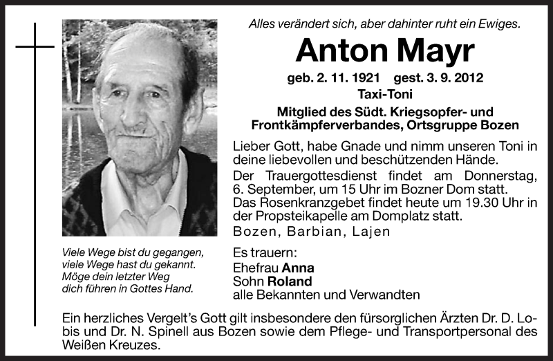  Traueranzeige für Anton Mayr vom 05.09.2012 aus Dolomiten
