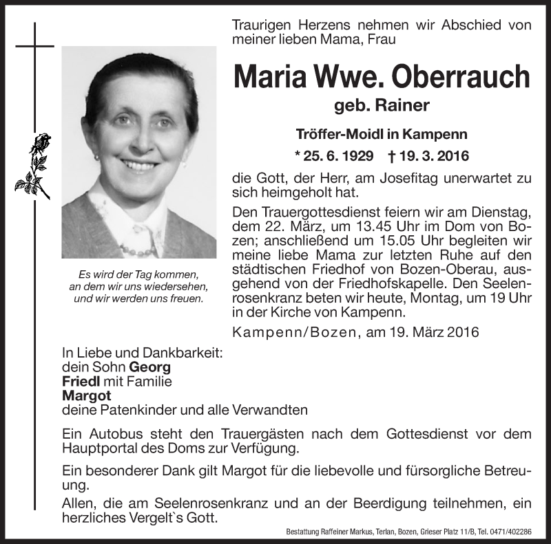  Traueranzeige für Maria Oberrauch vom 21.03.2016 aus Dolomiten