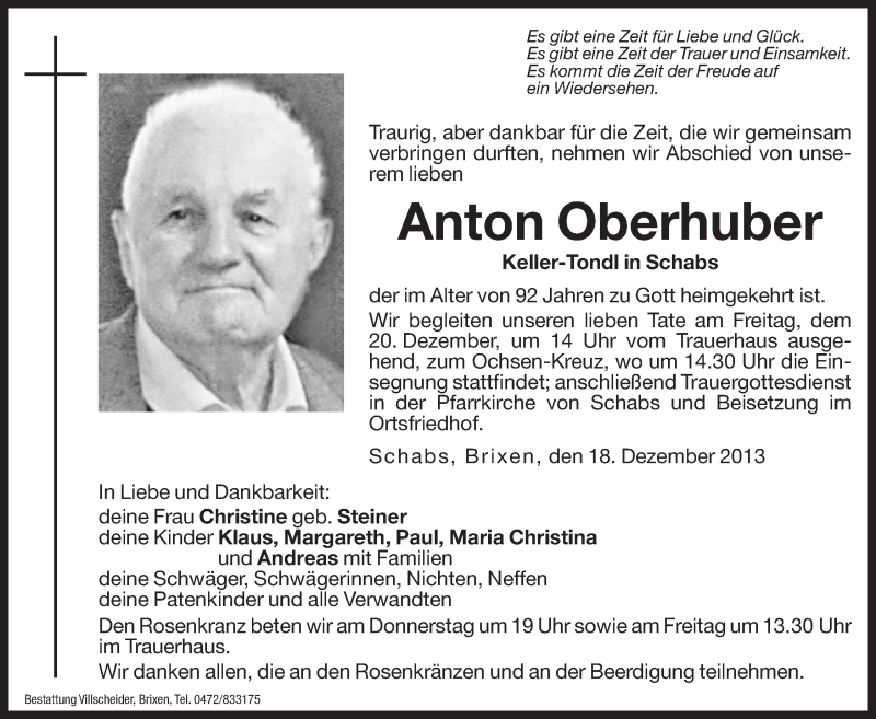  Traueranzeige für Anton Oberhuber vom 19.12.2013 aus Dolomiten