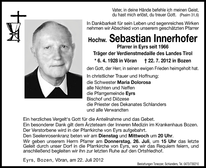  Traueranzeige für Sebastian Innerhofer vom 24.07.2012 aus Dolomiten