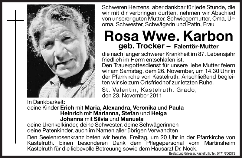  Traueranzeige für Rosa Karbon vom 25.11.2011 aus Dolomiten