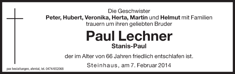  Traueranzeige für Paul Lechner vom 07.02.2014 aus Dolomiten