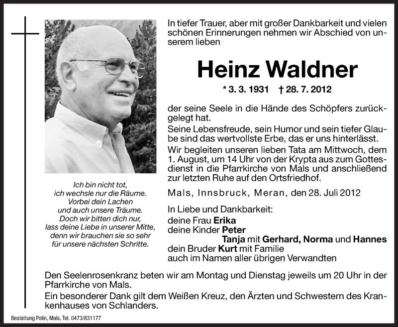  Traueranzeige für Heinz Waldner vom 30.07.2012 aus Dolomiten