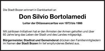 Traueranzeige von Don Silvio Bortolamedi von Dolomiten