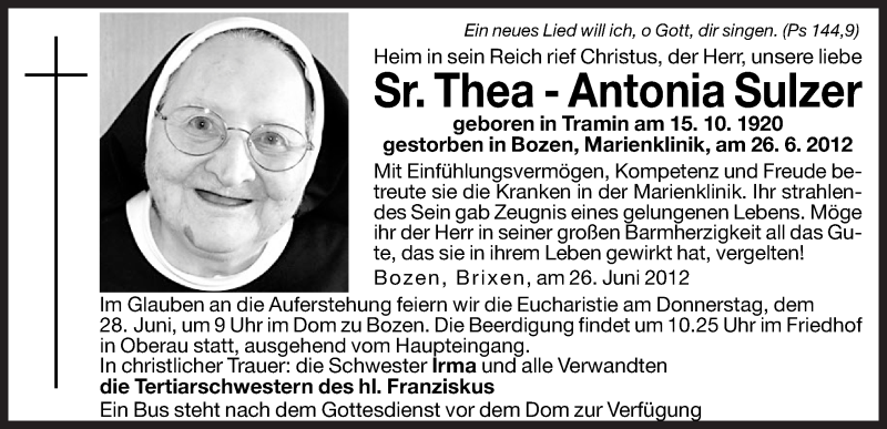  Traueranzeige für Thea-Antonia Sulzer vom 27.06.2012 aus Dolomiten