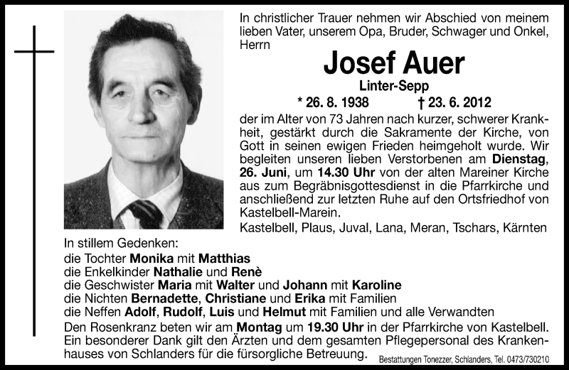  Traueranzeige für Josef Auer vom 25.06.2012 aus Dolomiten