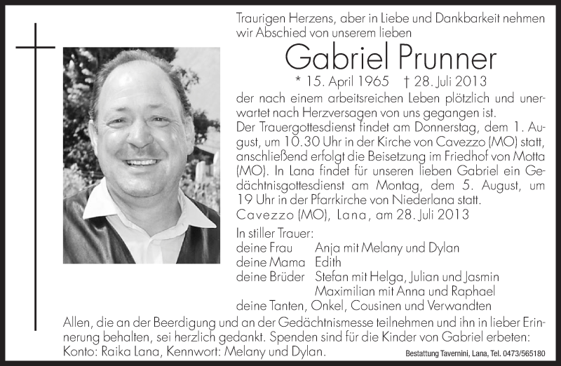  Traueranzeige für Gabriel Prunner vom 01.08.2013 aus Dolomiten