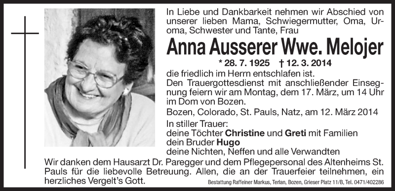  Traueranzeige für Anna  Melojer vom 14.03.2014 aus Dolomiten