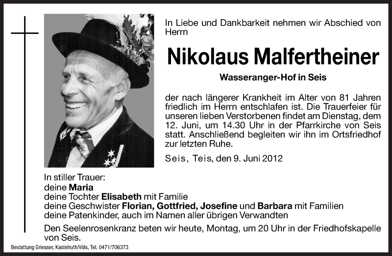  Traueranzeige für Nikolaus Malfertheiner vom 11.06.2012 aus Dolomiten