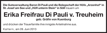 Traueranzeige von Erika Freifrau Di Pauli von Treuheim von Dolomiten